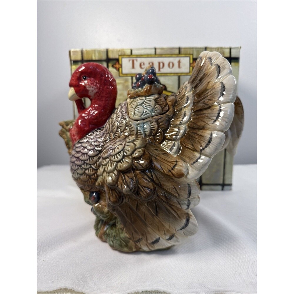 Vintage Ceramic Turkey Teapot Fall Foliage Thanksgiving  8” Pitcher Cottagecore